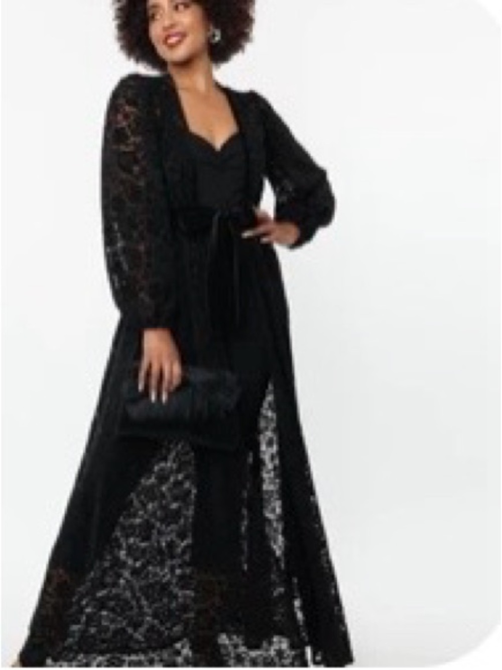 Unique Vintage Black Flocked Lace Hollywood Duster